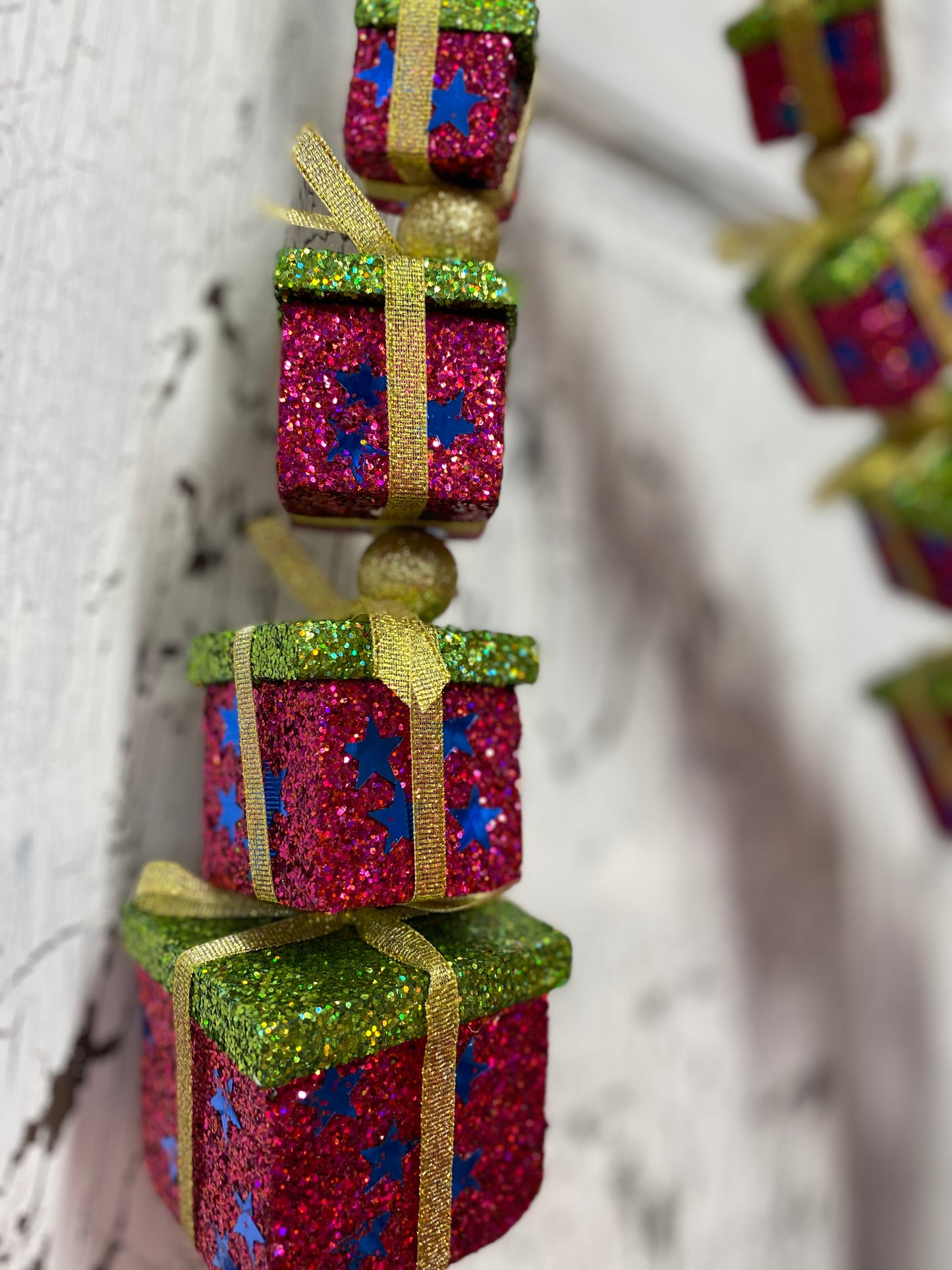 GLITTER GIFT BOX BALL GARLAND  Pink Gold Lime Green  Lot of 2