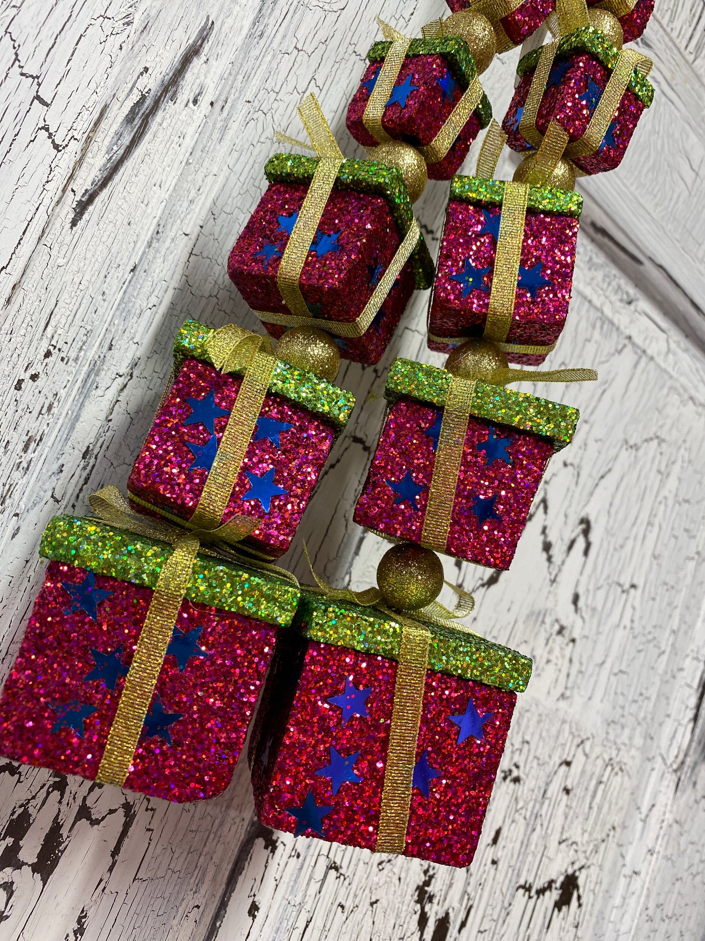 GLITTER GIFT BOX BALL GARLAND  Pink Gold Lime Green  Lot of 2