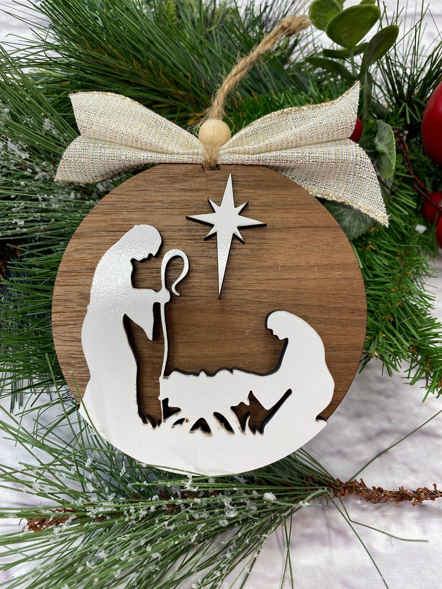 Nativity Christmas Ornaments , Joseph, Mary and Baby Jesus Manger Gift Tag