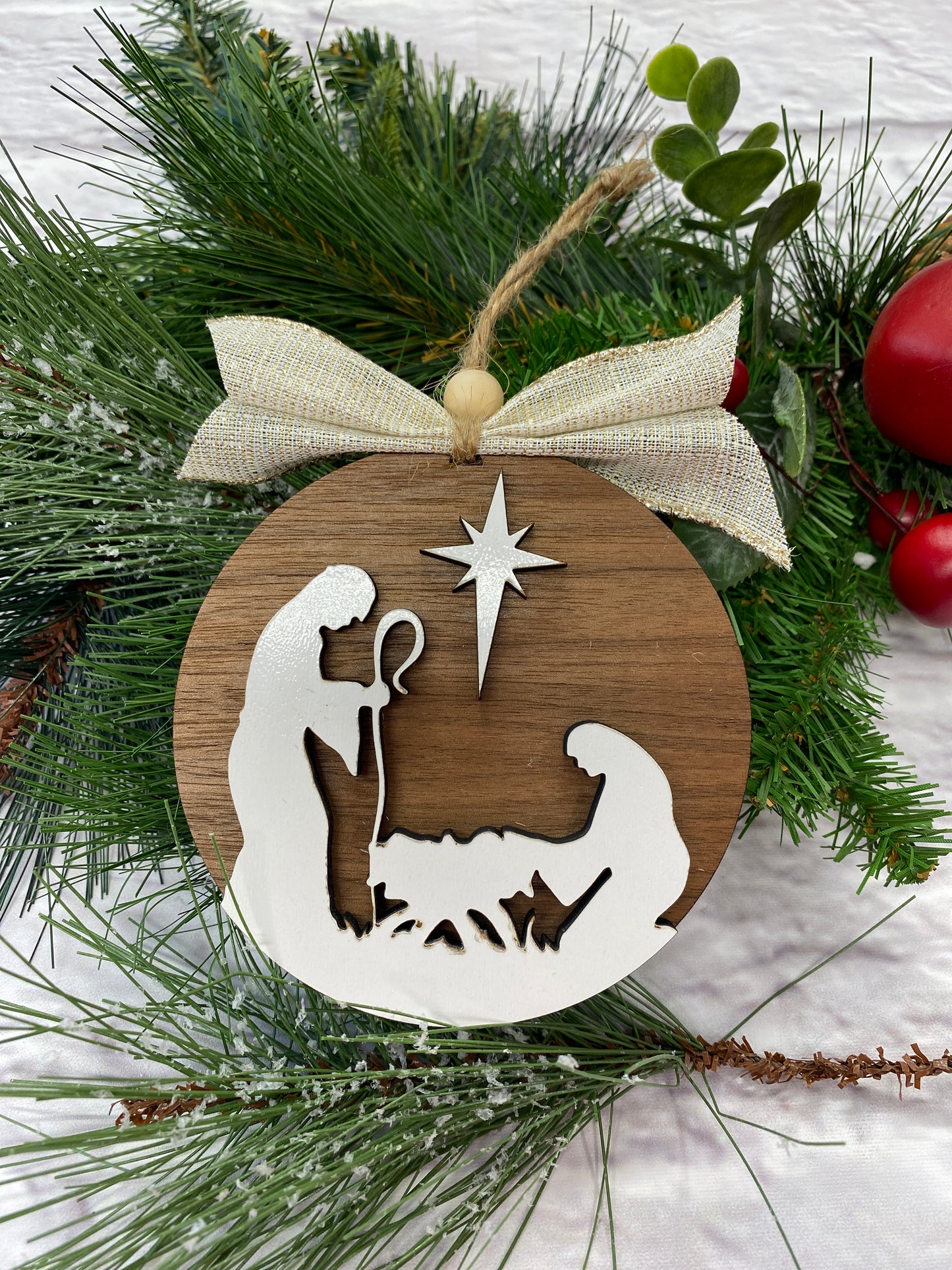 Nativity Christmas Ornaments , Joseph, Mary and Baby Jesus Manger Gift Tag