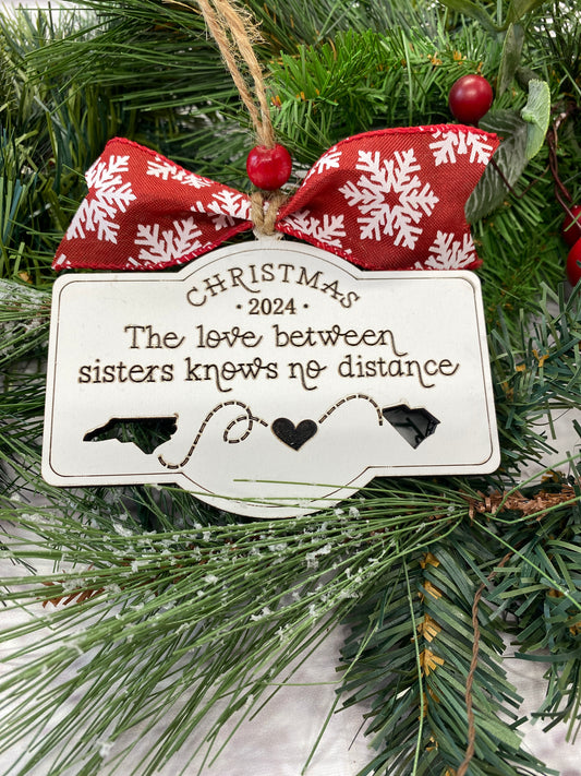 Love Between Sisters Christmas Ornament, Custom Engraved Whiteboard Gift Tag, Unique Holiday Tree Decorations