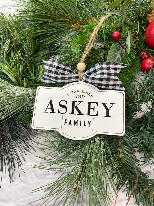 Personalized Last Name Christmas Ornament, Custom Engraved Whiteboard Gift Tag, Unique Holiday Tree Decorations