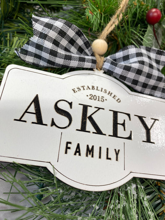 Personalized Last Name Christmas Ornament, Custom Engraved Whiteboard Gift Tag, Unique Holiday Tree Decorations