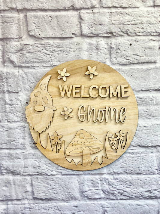 Welcome Gnome and Mushroom Theme Door Hanger Laser Cut Blank for DIY Project